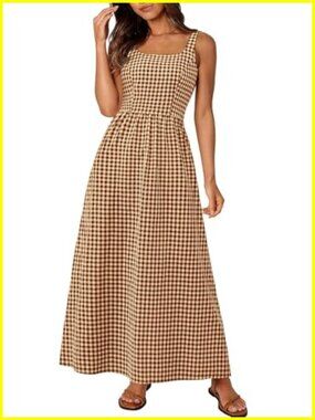 Women's Gingham Maxi Dress Sleeveless Square Neck Smocked Back A-Line